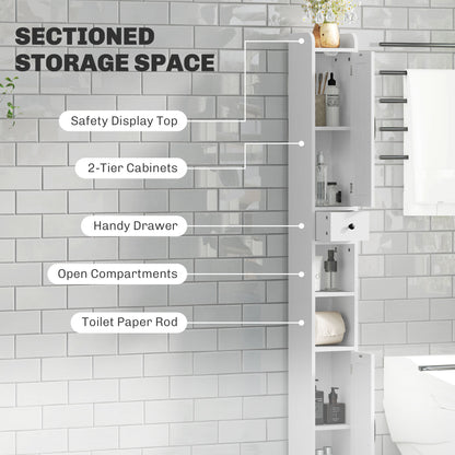 Tall Bathroom Cabinet, Farmhouse Slim Bathroom Storage Cabinet with Barn Doors, Toilet Paper Roll Holder, Drawer and Adjustable Shelves, Narrow Bathroom Storage Unit, 20 x 20 x 185cm, White