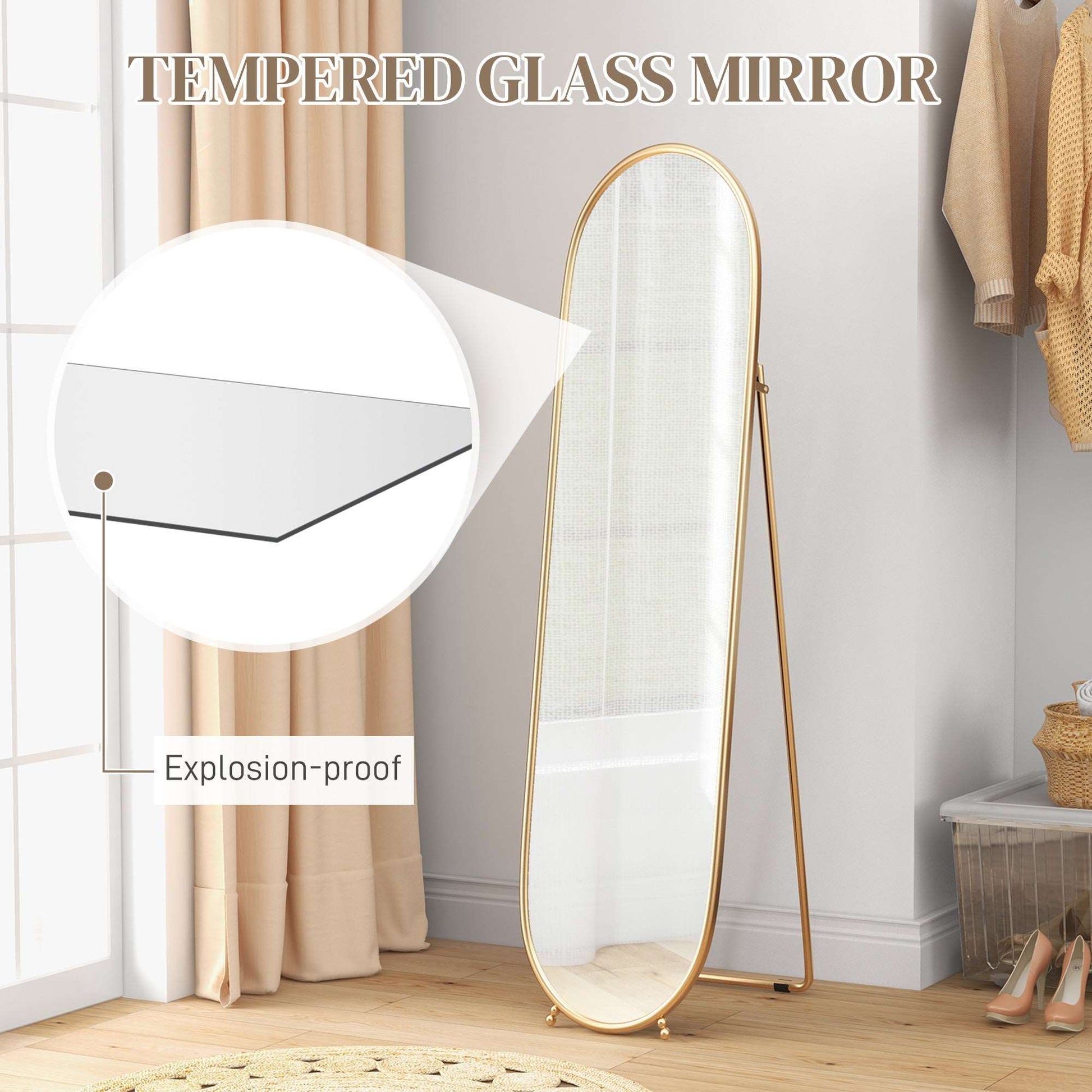 40 x 160cm Full Length Mirror, Floor Standing, Wall-Mounted or Leaning Against Wall Tall Mirror with Support Frame, Oval Full Body Mirror for Bedroom, Living Room, Gold Tone