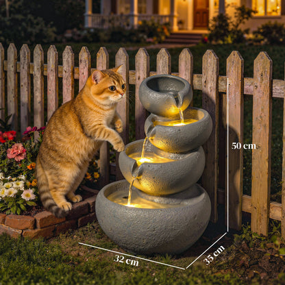 4-Tier Resin Waterfall Fountain | Weathered Stone Look | Warm White LED Lights | 3-Speed Pump | 10-12L | 230V | UK Plug | 3m Cable | 35x32x50cm | Garden Patio Indoor & Outdoor | Mixed Colour