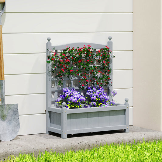 Fir Wood Planter with Back Trellis | 2-in-1 Design | 50kg Capacity | 2 Drainage Holes | Indoor & Outdoor Use | 64x28x75cm | Grey