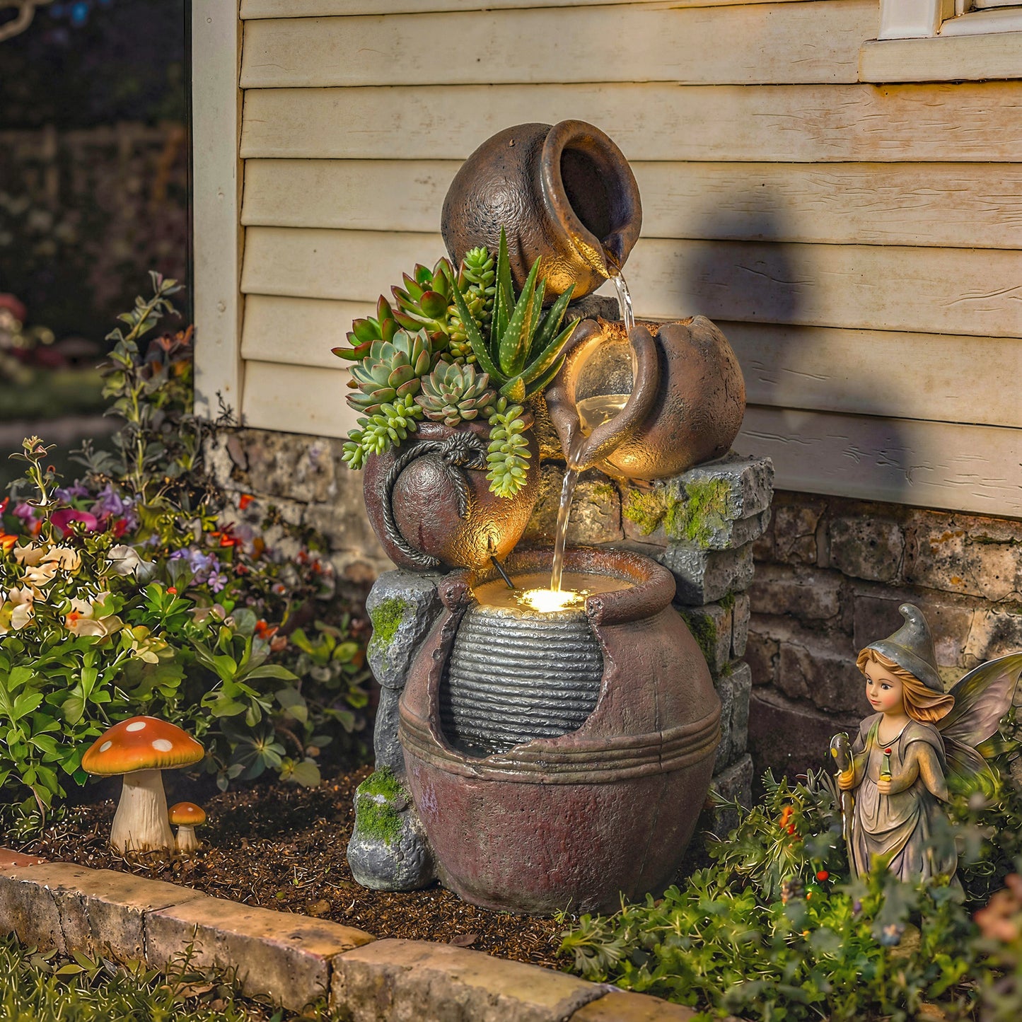 4-Tier Resin Waterfall Fountain with Built-In Planter | Warm White LED Lights | 3-Speed Adjustable Pump | 5W | 230V | 3m Cable | 31x30x59cm | Garden & Patio | Rustic Brown