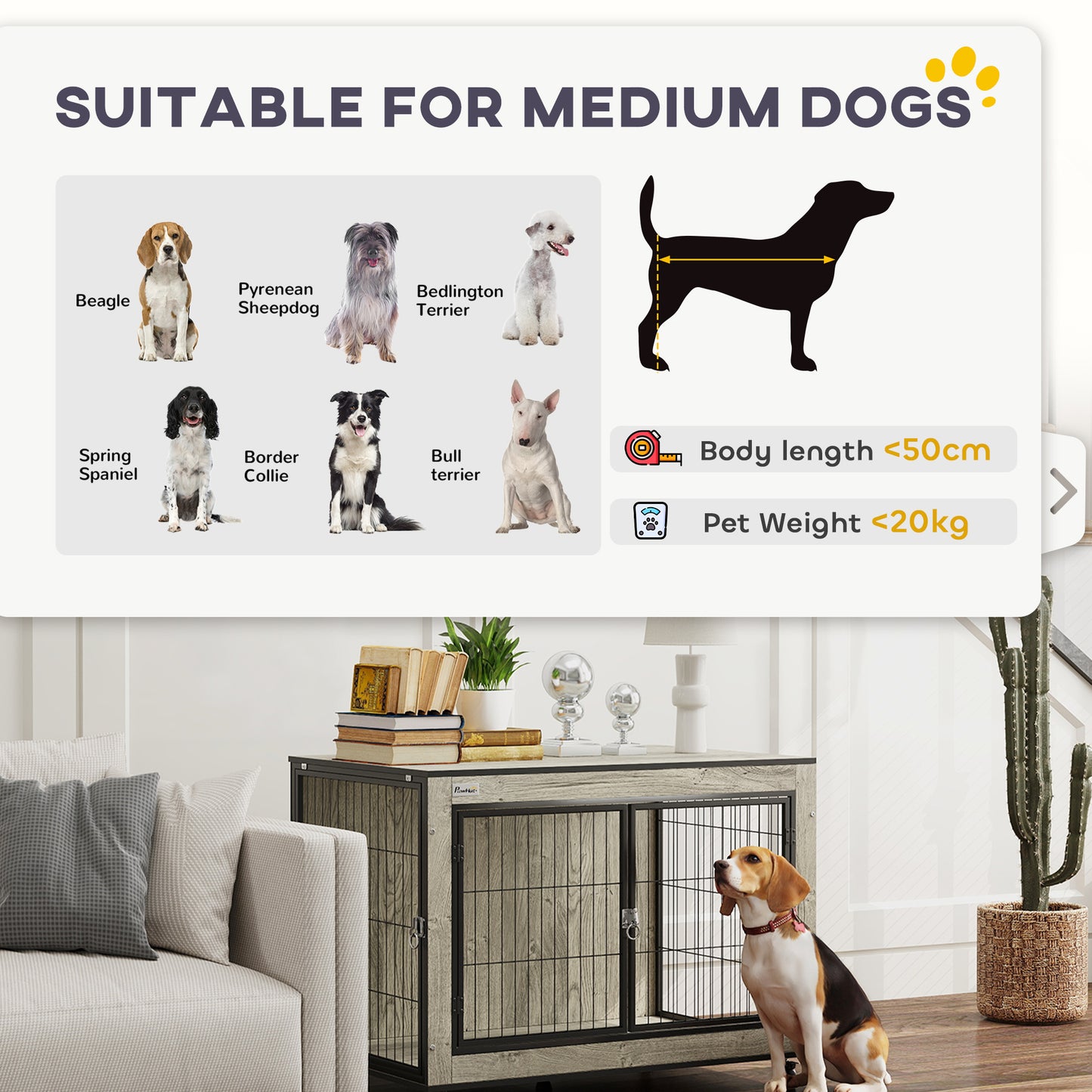 Dog Crate Furniture Side Table with Wheels | Double Doors | Interchangeable Side Door | Medium Dogs up to 20kg | 80 x 56 x 62.5cm | Grey
