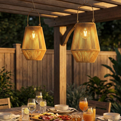 Outsunny Hanging Solar Lanterns, 2 Pack Rattan Solar Lights with Handle for Patio, Pathway, Terrace, Auto On/Off, Brown
