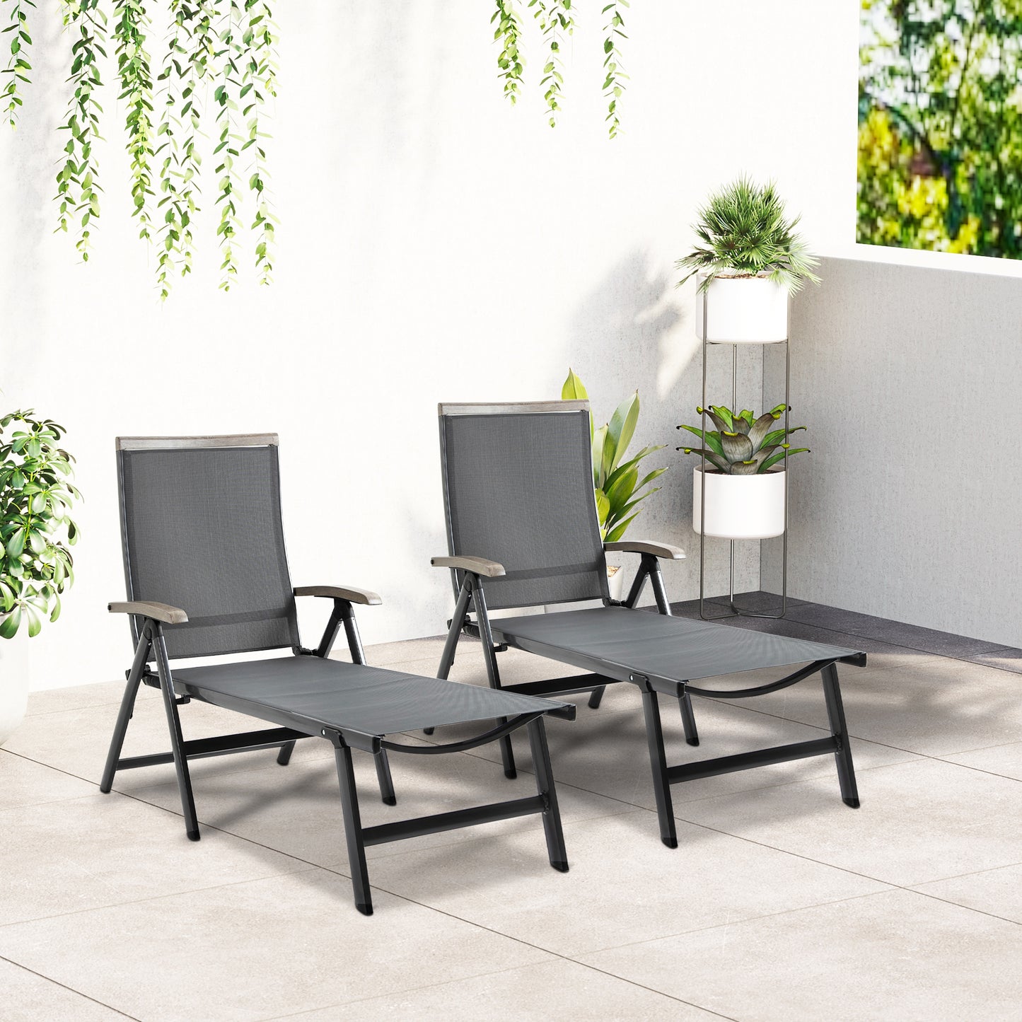 Set of 2 Reclining Sun Loungers | 5-Position Adjustable Backrest | Breathable Mesh Fabric | Powder-Coated Aluminium Frame | 150kg Capacity | Folds Flat | Patio & Garden | Grey