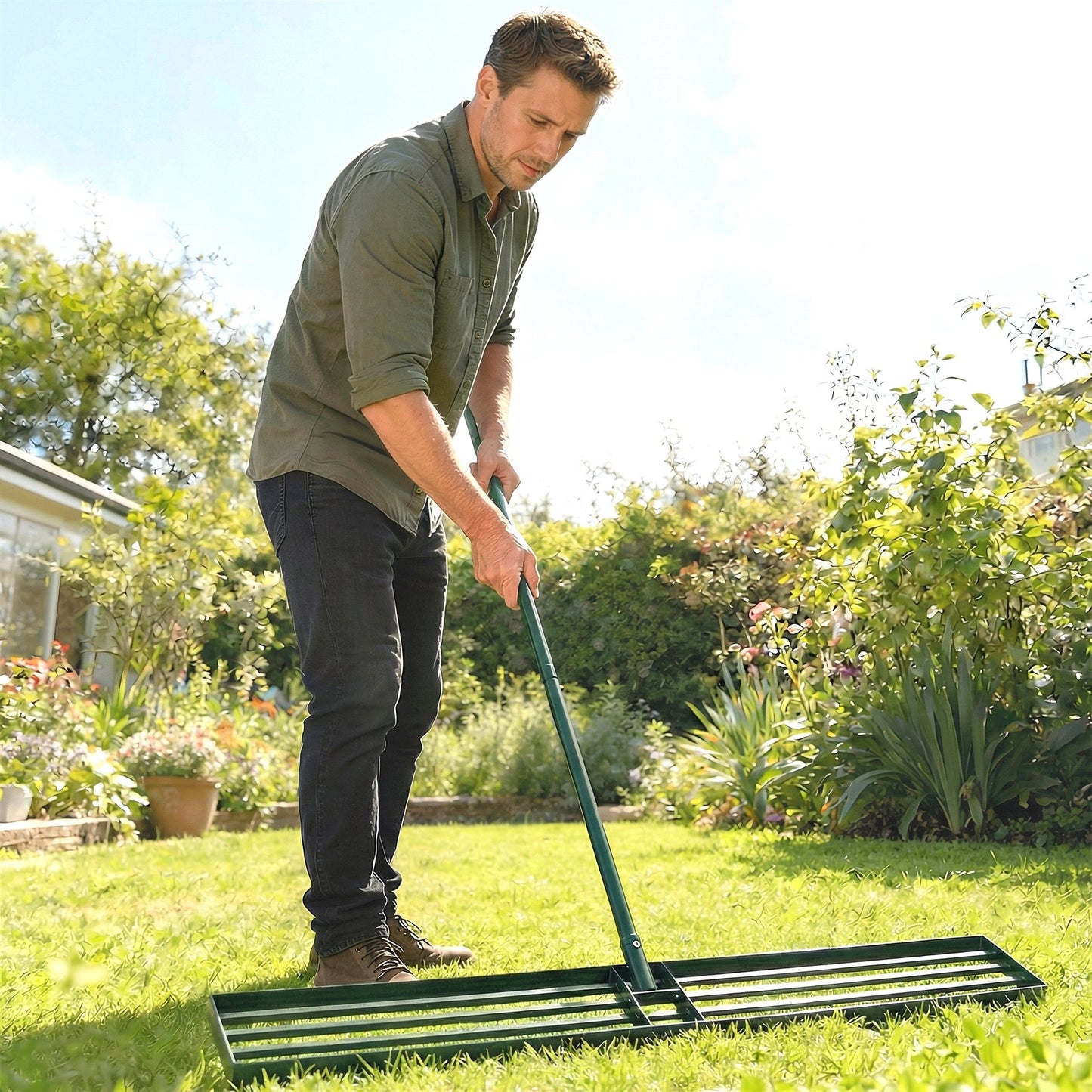 113cm Lawn Levelling Rake / Lawn Lute | 3-Section Handle 169cm | Rust-Resistant Metal | Green