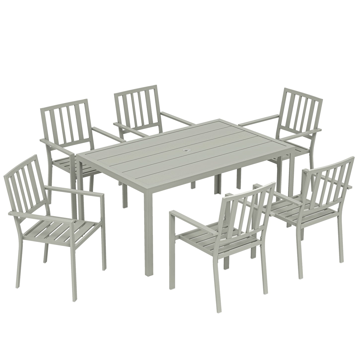 7-Piece Garden Dining Set | 152cm Table with Umbrella Hole | 6 Stackable Armchairs | Galvanised Steel | 120kg Per Chair | Seats 6 | 152 x 96.5 x 72cm | Light Grey
