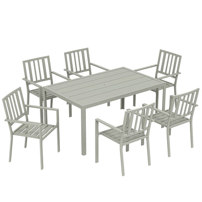 7-Piece Garden Dining Set | 152cm Table with Umbrella Hole | 6 Stackable Armchairs | Galvanised Steel | 120kg Per Chair | Seats 6 | 152 x 96.5 x 72cm | Light Grey