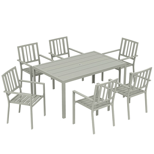7-Piece Garden Dining Set | 152cm Table with Umbrella Hole | 6 Stackable Armchairs | Galvanised Steel | 120kg Per Chair | Seats 6 | 152 x 96.5 x 72cm | Light Grey