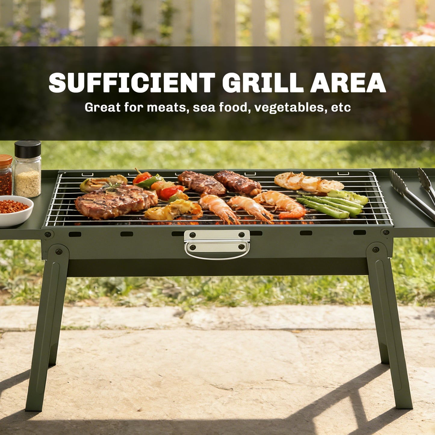 Outsunny Portable BBQ Grill, Foldable Charcoal Grill for Camping and Picnics with 2 Side Shelves and Handle