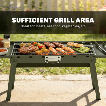 Outsunny Portable BBQ Grill, Foldable Charcoal Grill for Camping and Picnics with 2 Side Shelves and Handle