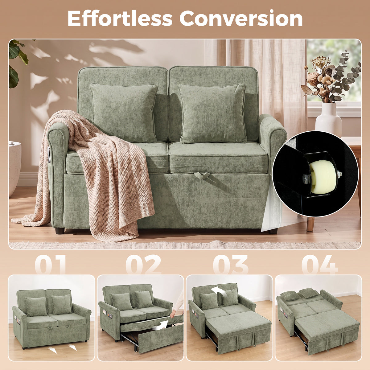 2 Seater Sofa Bed | 3-in-1 Convertible Chenille Sleeper Sofa with Pull-Out Bed, 5-Position Backrest & Side Pockets | 190 x 130 cm | Light Green or Grey