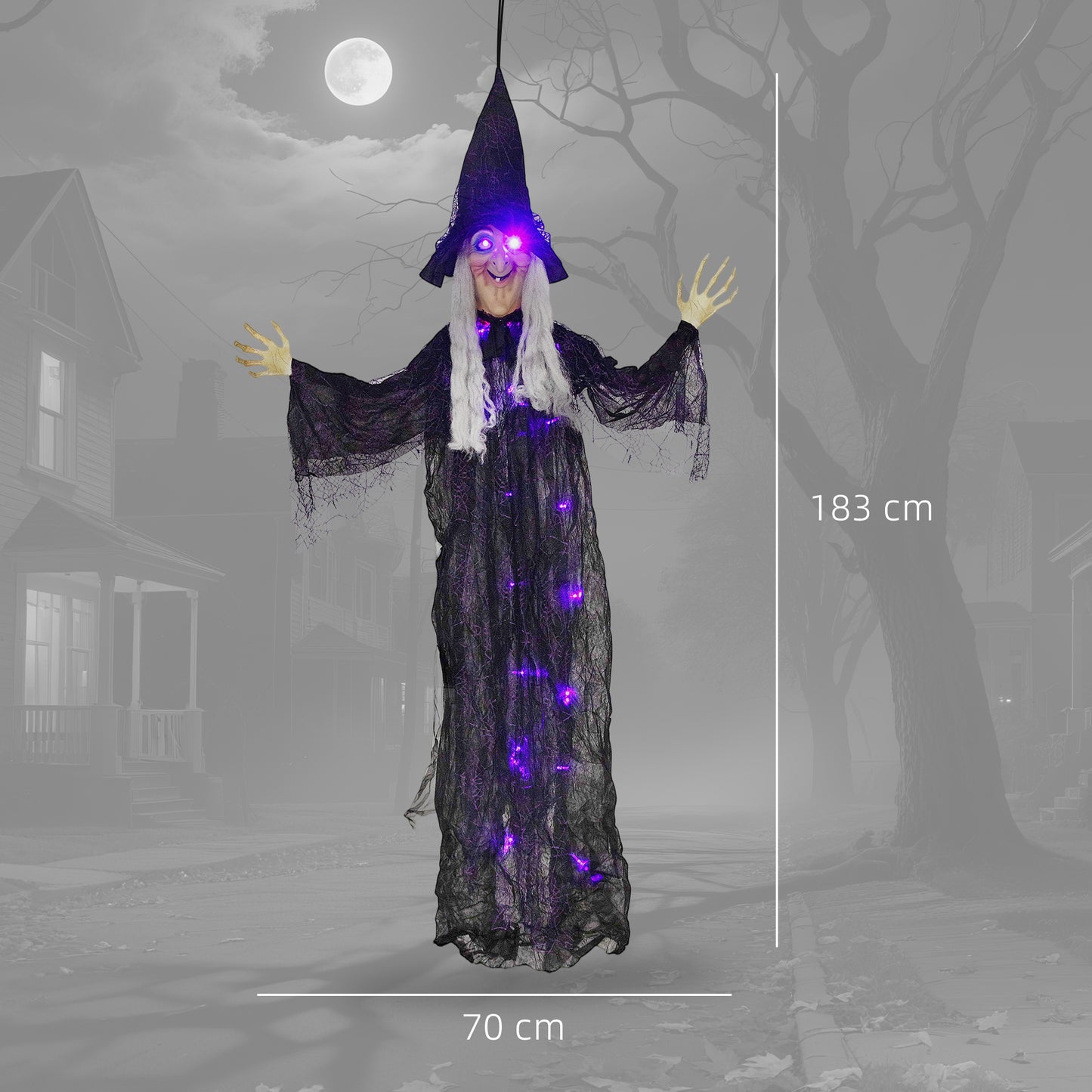 183 cm Life Size Halloween Animated Hanging Witch with Glowing LED Eyes & Body, Spooky Witch Scary Halloween Decorations, Battery Operated, Indoor Party Props