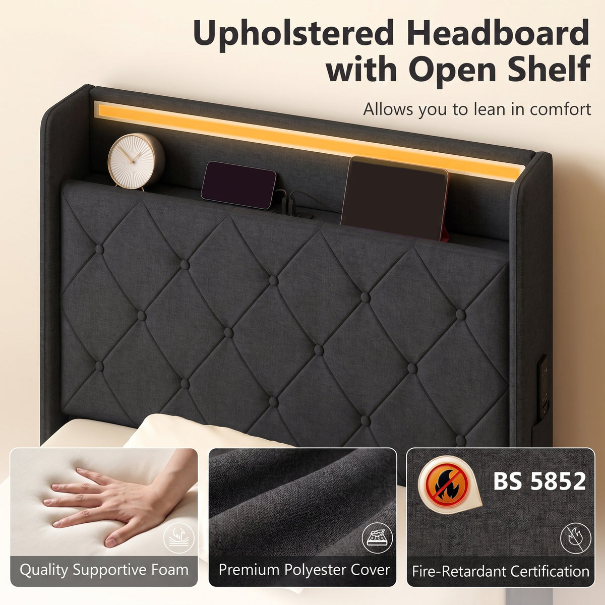 3ft Single Ottoman Bed Frame | Hydraulic Storage, RGB LED Headboard Lights & USB Charging | Black or Cream White