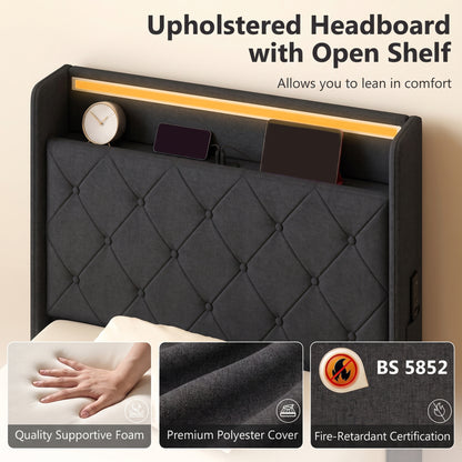 3ft Single Ottoman Bed Frame | Hydraulic Storage, RGB LED Headboard Lights & USB Charging | Black or Cream White