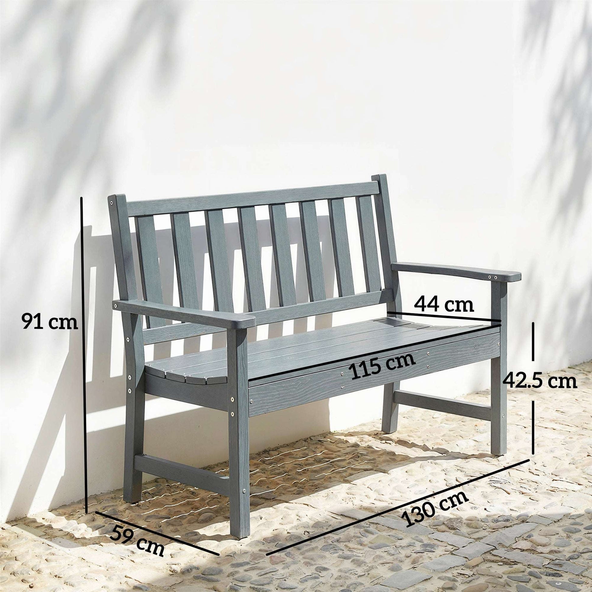 Outsunny 2 Seater Plastic Garden Bench, Outdoor Patio Bench with Armrest and Backrest, Weatherproof Outdoor Furniture for Balcony