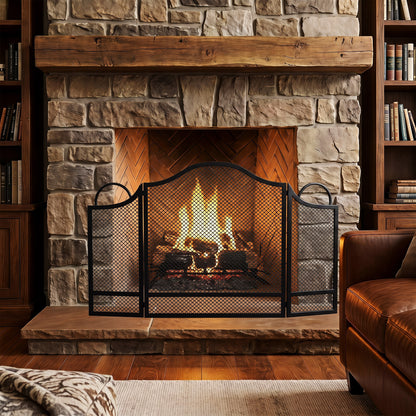 3-Panel Folding Fireplace Screen | Floral Design | Powder-Coated Metal | Spark Guard | Hearth Protection | Adjustable | Folds to 67x2x74cm | Open 122x1x74cm | Side Panels 27x64cm | Black