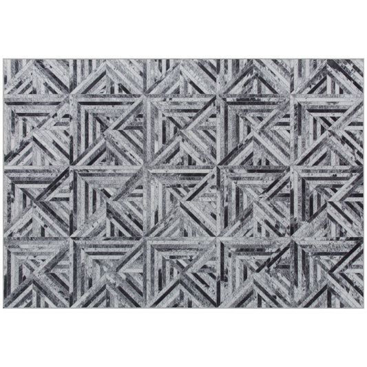 Modern Chenille Area Rug | Faux Leather Patchwork Print | Machine Washable | Non-Slip | Foldable | 290x200cm | Black | Living Room Bedroom Dining Room Home Office