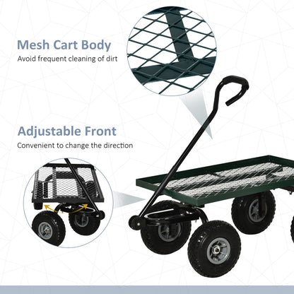Outsunny Garden Trolley Cart, Heavy Duty Garden Cart with Metal Frame, 10" Pneumatic Wheels, Rotating Handle, 150kg Capacity, for Garden, Farm, Green