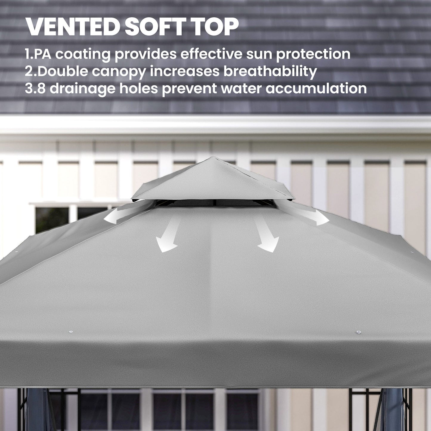 3x3m Permanent Garden Gazebo | 2-Tier Vented Polyester Roof | PA Coating Sun Protection | Removable Mosquito Netting | Solid Steel Frame | 8 Ground Stakes | 297x297x270cm | Eave Height 195cm | Light Grey
