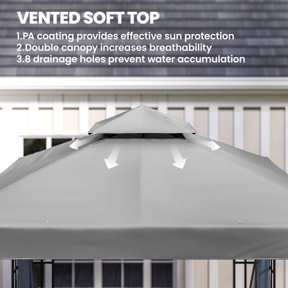 3x3m Permanent Garden Gazebo | 2-Tier Vented Polyester Roof | PA Coating Sun Protection | Removable Mosquito Netting | Solid Steel Frame | 8 Ground Stakes | 297x297x270cm | Eave Height 195cm | Light Grey
