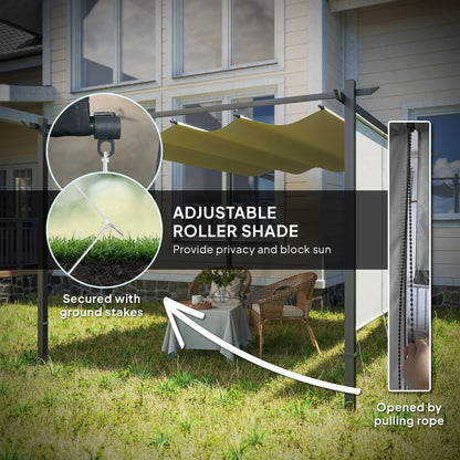 3 x 4m Metal Pergola with Retractable Roof and Roller Shade, Wall-Mounted or Free Standing Garden Gazebo Canopy Pergola Kit, UPF30+ Sun Shade
