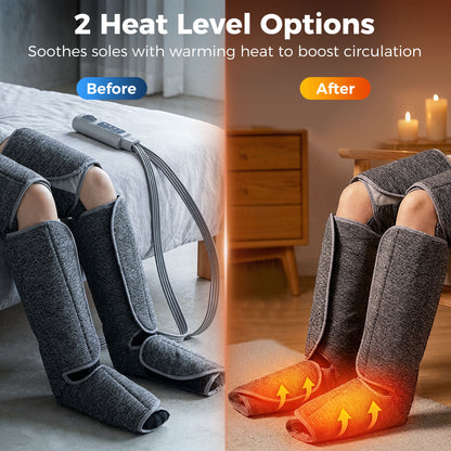 Air Compression Leg Massager with Heat | 6 Airbags | 360° Full-Leg Coverage | 3 Modes | 3 Intensities | Grey