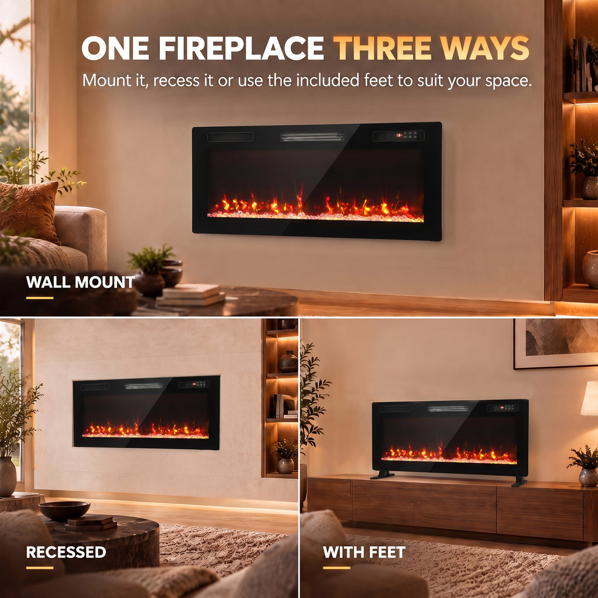 102cm Slim Electric Fireplace | 8.3cm Profile, Crystal Effect & 12 Flame Colours | 900/1800W, Remote, ECO & 7-Day Programme | Black