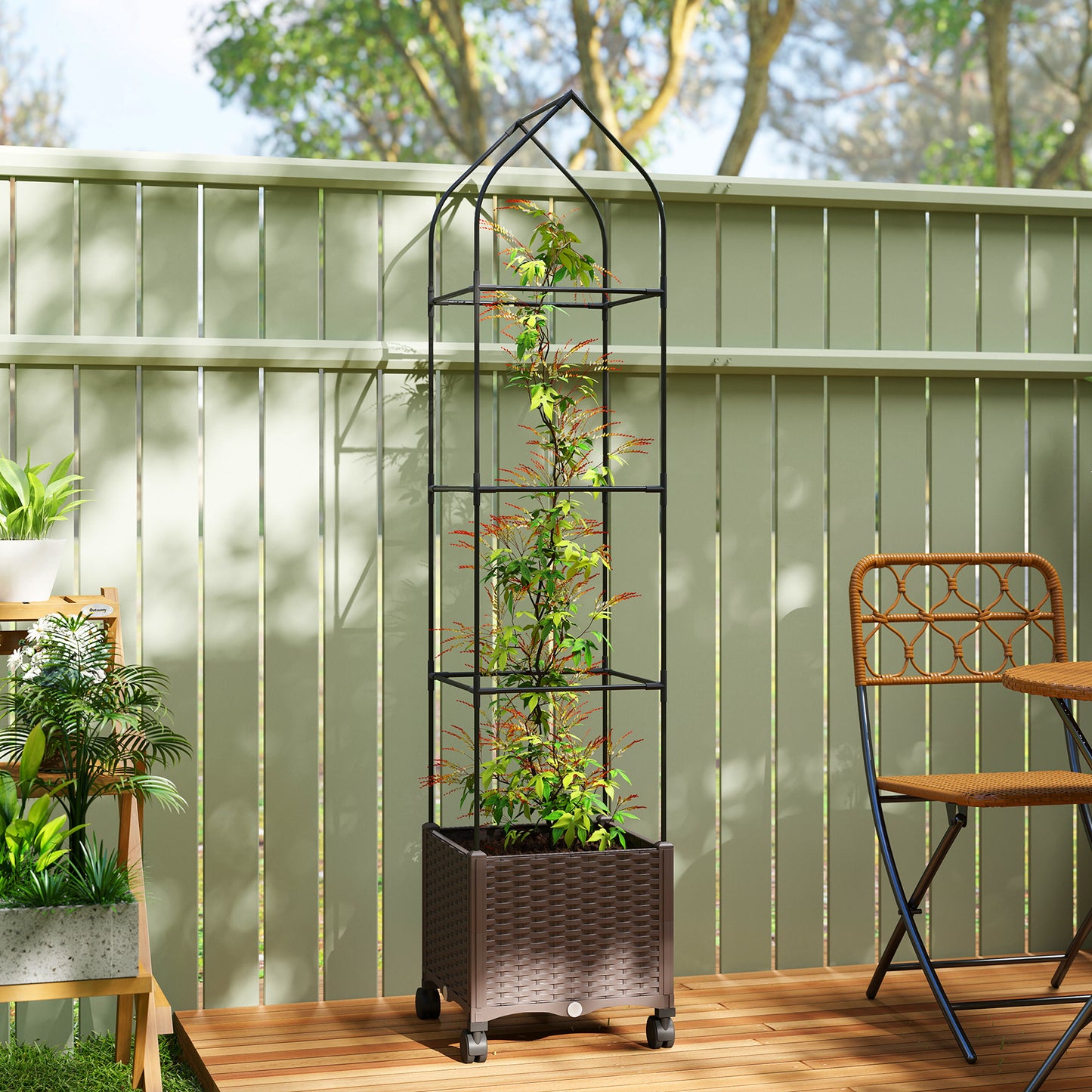 Raised Garden Bed with Adjustable Trellis & Tomato Cage | 4 Lockable Wheels | Bottom Water Tank | 4 Drainage Holes | 40L | Weather-Resistant PP | 40x40x182cm | 20kg | Brown