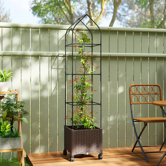 Raised Garden Bed with Adjustable Trellis & Tomato Cage | 4 Lockable Wheels | Bottom Water Tank | 4 Drainage Holes | 40L | Weather-Resistant PP | 40x40x182cm | 20kg | Brown