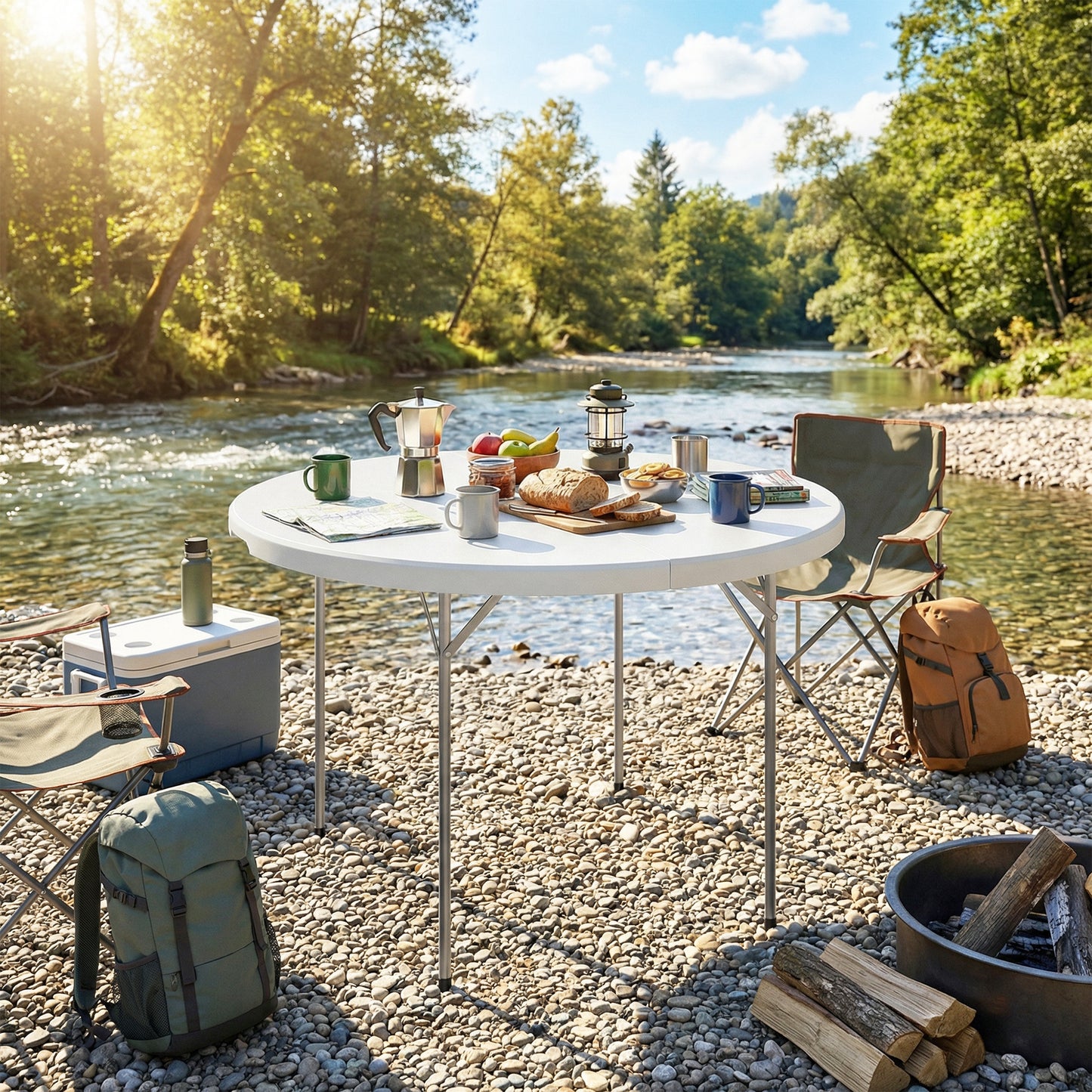 Folding Picnic Camping Table | 120x120cm | HDPE Top | Water Resistant | Powder Coated Frame | Anti-Slip Feet | 100kg | No Assembly | White