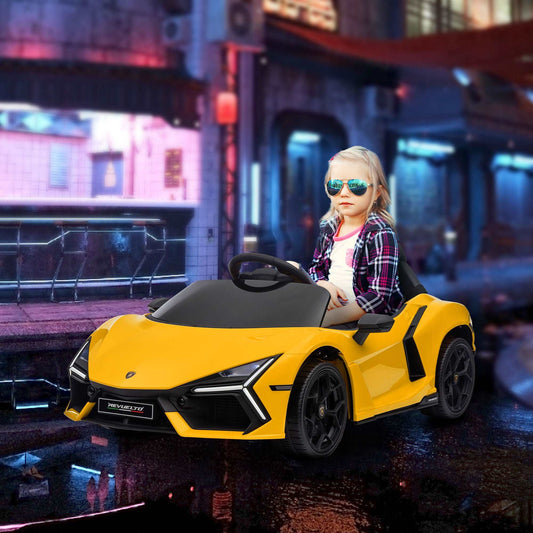 AIYAPLAY Lamborghini Revuelto Licensed 12V Ride on Car w/ Butterfly Doors Training Wheels, Suspension, Remote Control Yellow / Orange