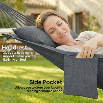 Cotton Hammock | 270x80cm | Headrest | Side Pocket | Hardwood Spreader Bar | Hanging Straps | Portable & Foldable | 120kg | Dark Grey