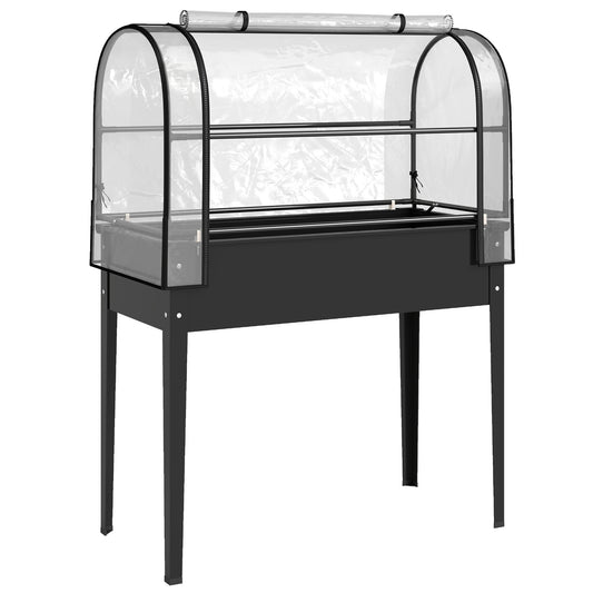 Raised Garden Bed on Legs with Flip-Up Greenhouse Cover | Transparent | Zipped Roll-Up Door | Removable Cover | 0.6mm Metal | Drainage Hole | 80kg | 100x49x136cm | Black