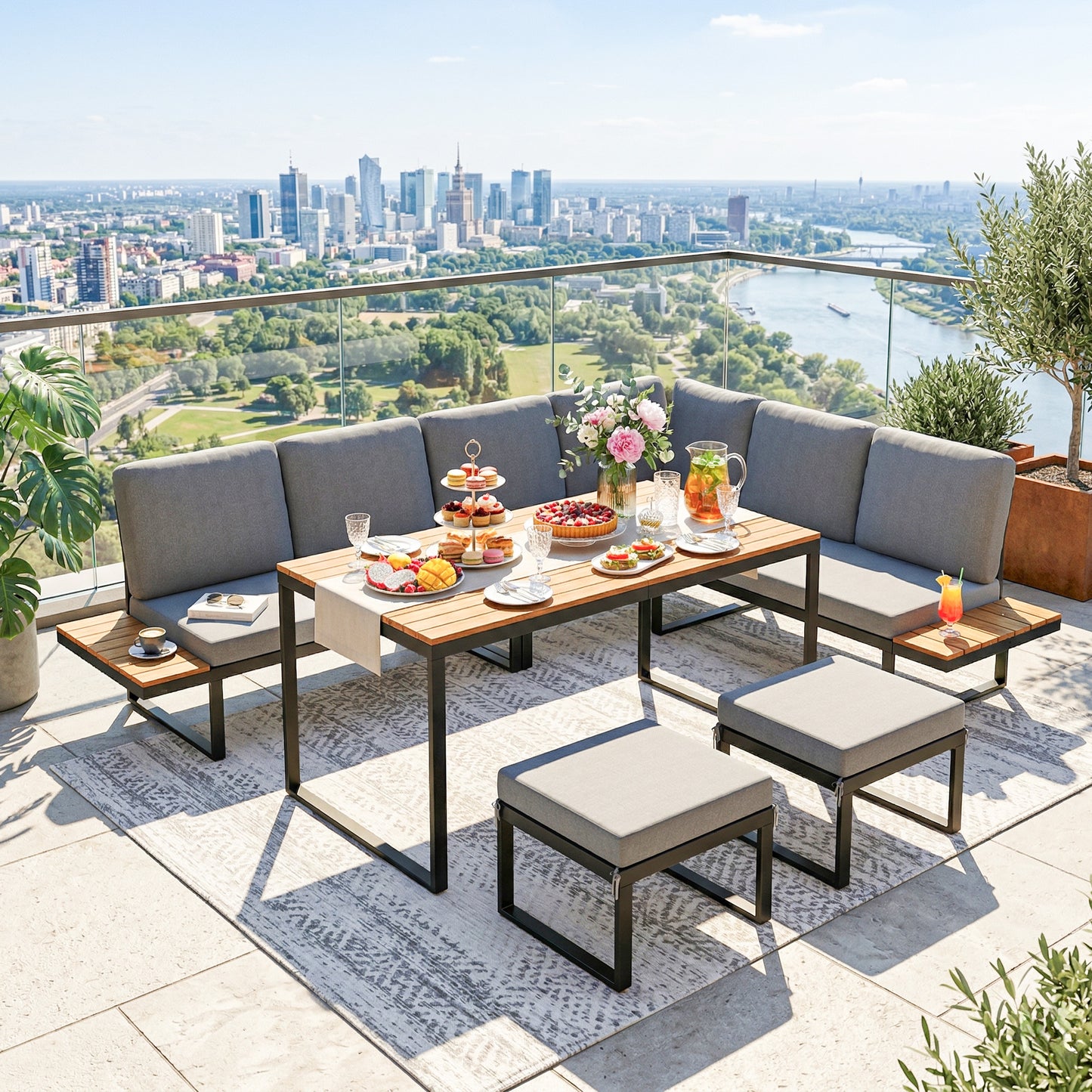 6-Piece Modular Garden Sofa Set | Dining Table | 8cm Cushions | Seats 6-8 | Grey