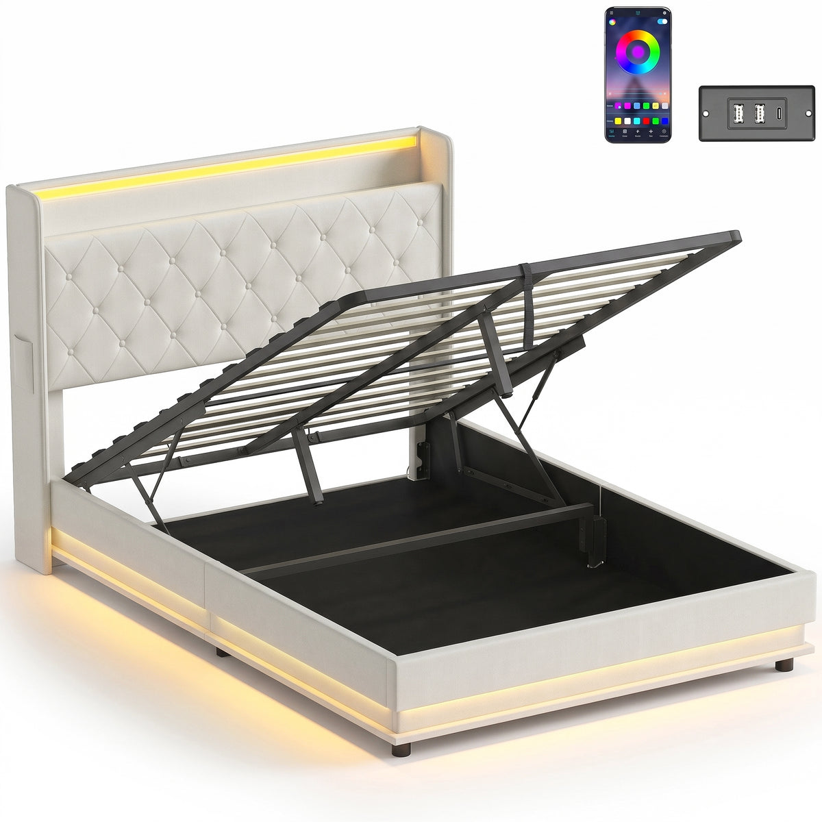 4ft6 Double Ottoman Bed Frame | Hydraulic Storage, RGB LED Headboard Lights & USB Charging | Cream White or Black
