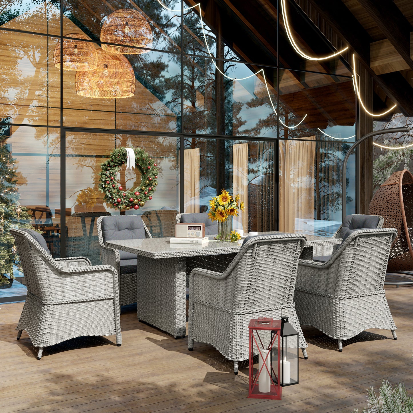 6 Seater Rattan Dining Set, Round PE Rattan Garden Furniture Set with Seat and Back Cushions, Aluminium Outdoor Dining Table and Chairs with 6 Armchairs