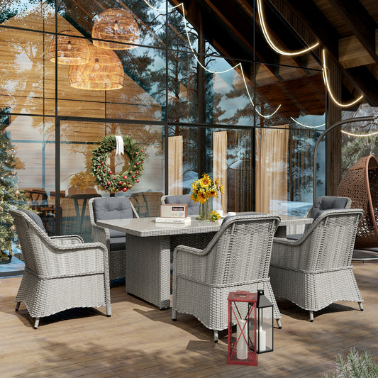 6 Seater Rattan Dining Set, Round PE Rattan Garden Furniture Set with Seat and Back Cushions, Aluminium Outdoor Dining Table and Chairs with 6 Armchairs