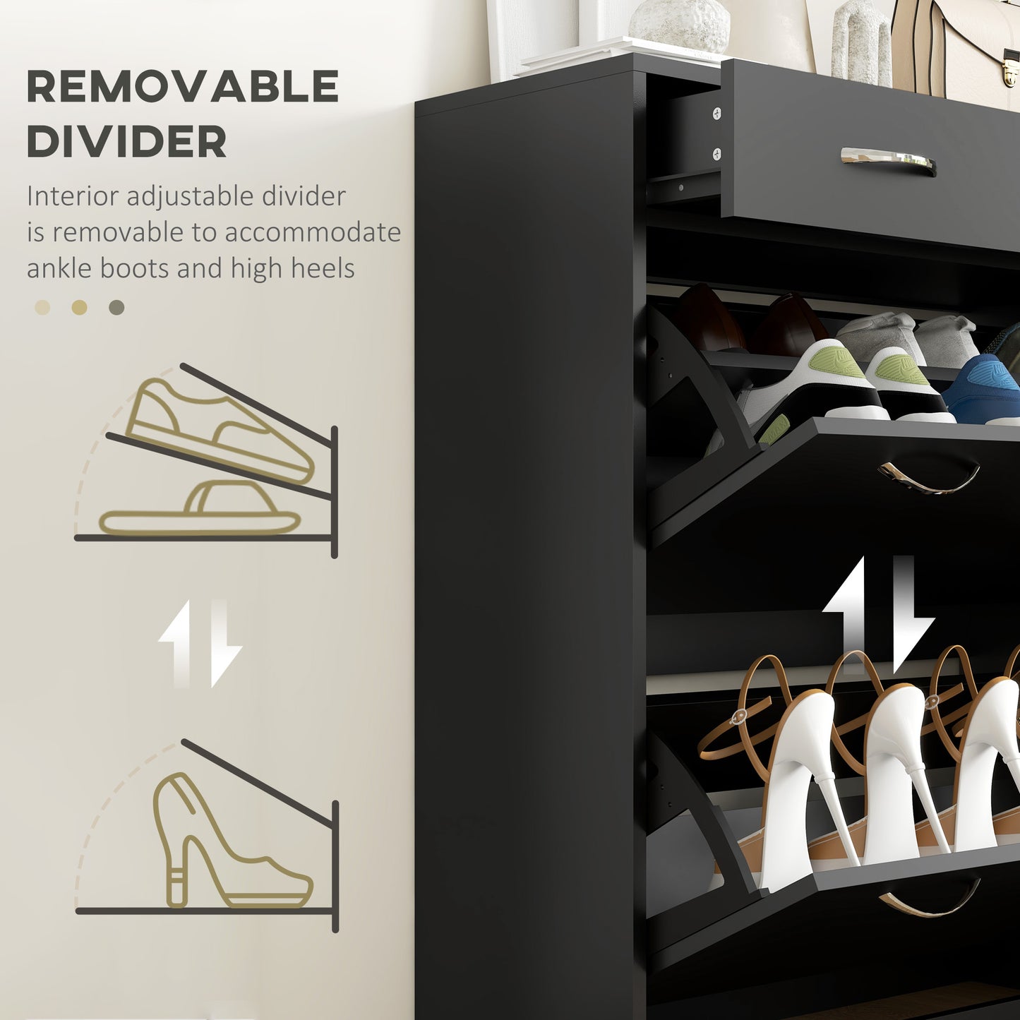 Narrow Shoe Storage with 2 Flip Drawers and Adjustable Shelves Shoe Cabinet Organiser for 12 Pairs of Shoes, Black