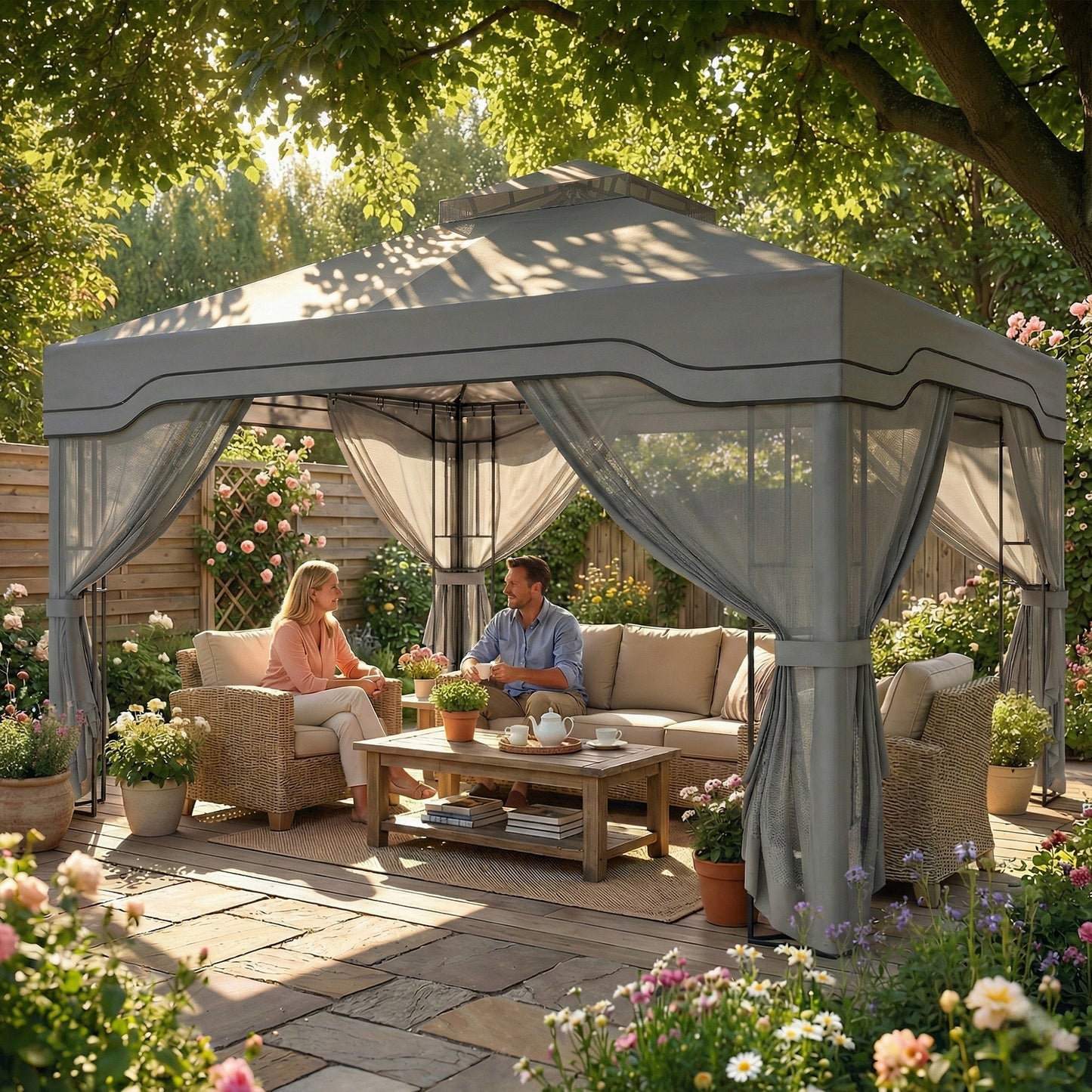 3x3.6m Permanent Garden Gazebo | Double-Tier UPF50+ Roof | Mesh Panels | Integrated Corner Shelves | Ceiling Hook | Triangular Powder-Coated Posts | Expansion Screws | Ground Stakes | Dark Grey