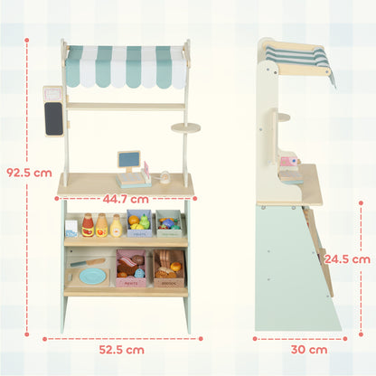 AIYAPLAY Wooden Toy Shop & Market Stall | Green | 40x30x92.5cm | 34 Accessories | Cash Register | Blackboard | Cuttable Food | 4 Storage Boxes | MDF & Wood | Rounded Edges | Age 3+