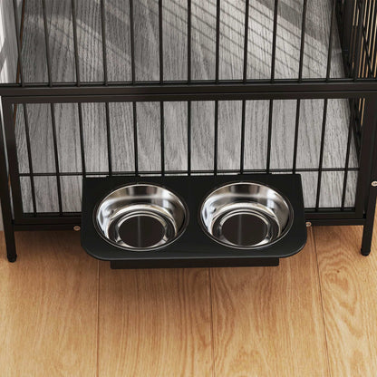 PawHut Dog Crate Furniture with Rotating Bowl Holder, 2 Bowls, 2 Doors, for Medium Dogs, 80 x 56 x 76.5 cm, Grey