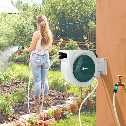 Wall Mounted Retractable Garden Hose Reel | 20+2m | Auto Rewind & Lockable | 7-in-1 Spray Nozzle | 180° Swivel | UV-Resistant PP | 8 Bar Working Pressure | 48x20x42cm | Green