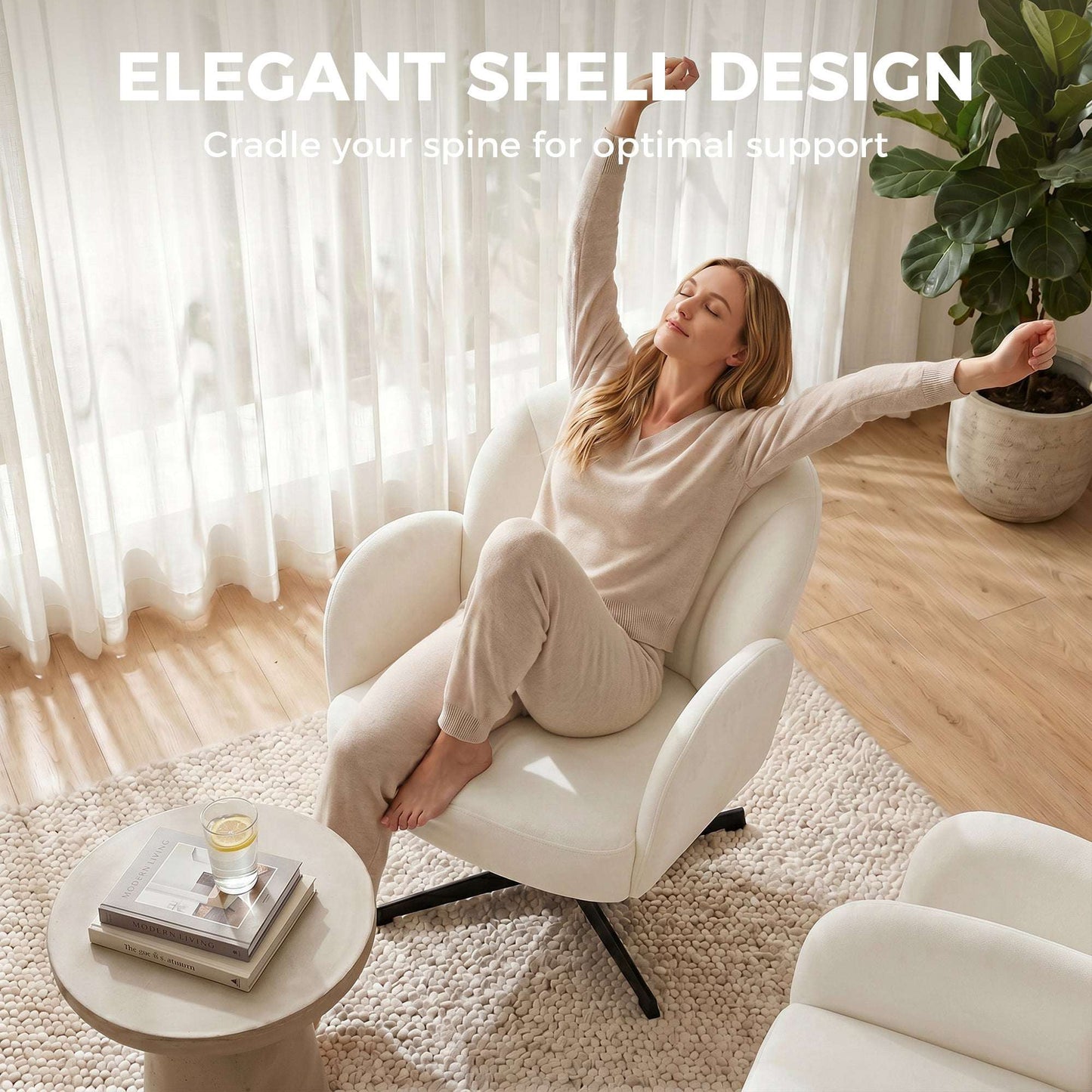 Shell-Shaped Swivel Accent Chair | 360° Swivel | 11cm Spring-Packed Seat | Velvet-Feel Fabric | Metal Base | Plastic Floor Pads | 120kg | 64.5x68x80cm | Cream