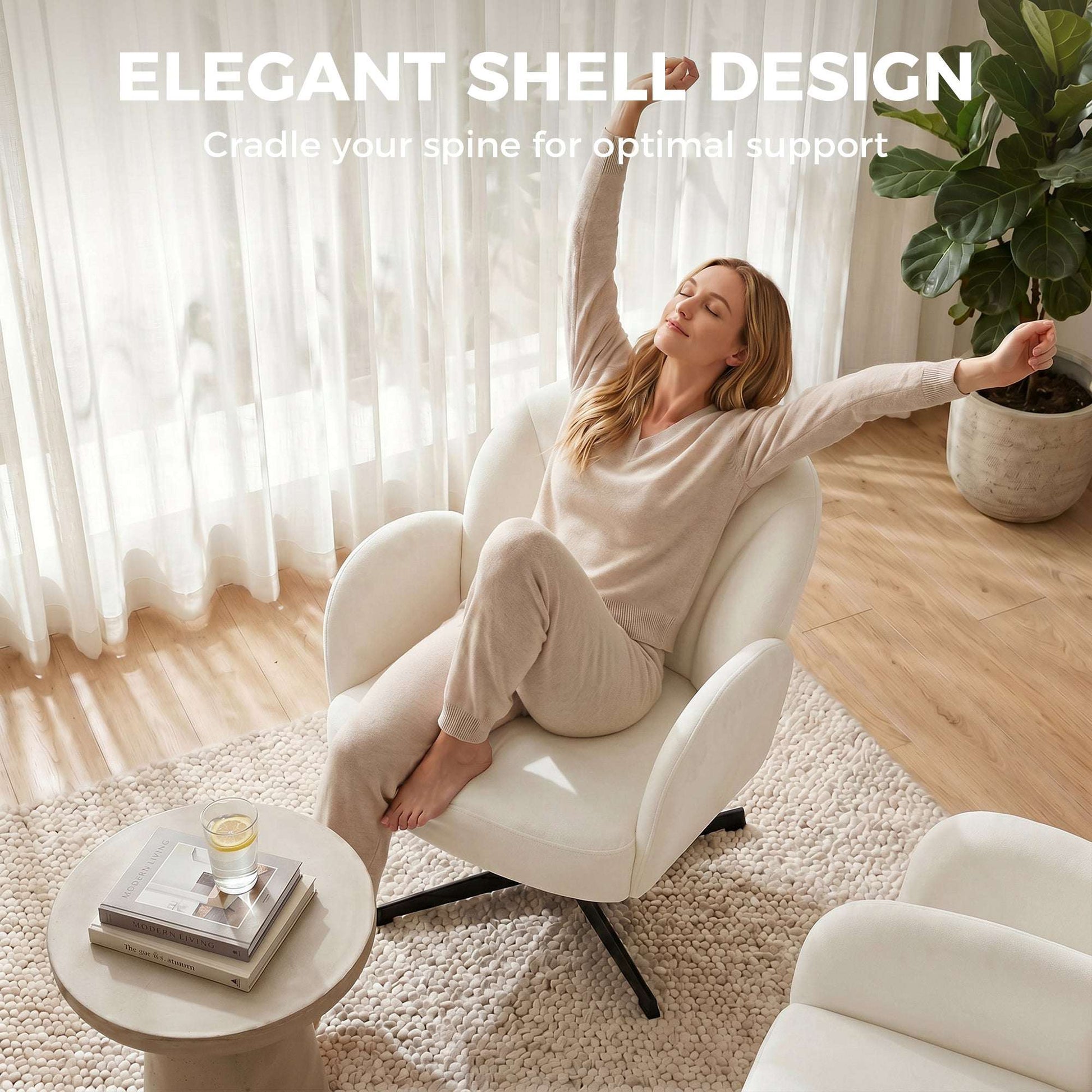 Shell-Shaped Swivel Accent Chair | 360° Swivel | 11cm Spring-Packed Seat | Velvet-Feel Fabric | Metal Base | Plastic Floor Pads | 120kg | 64.5x68x80cm | Cream