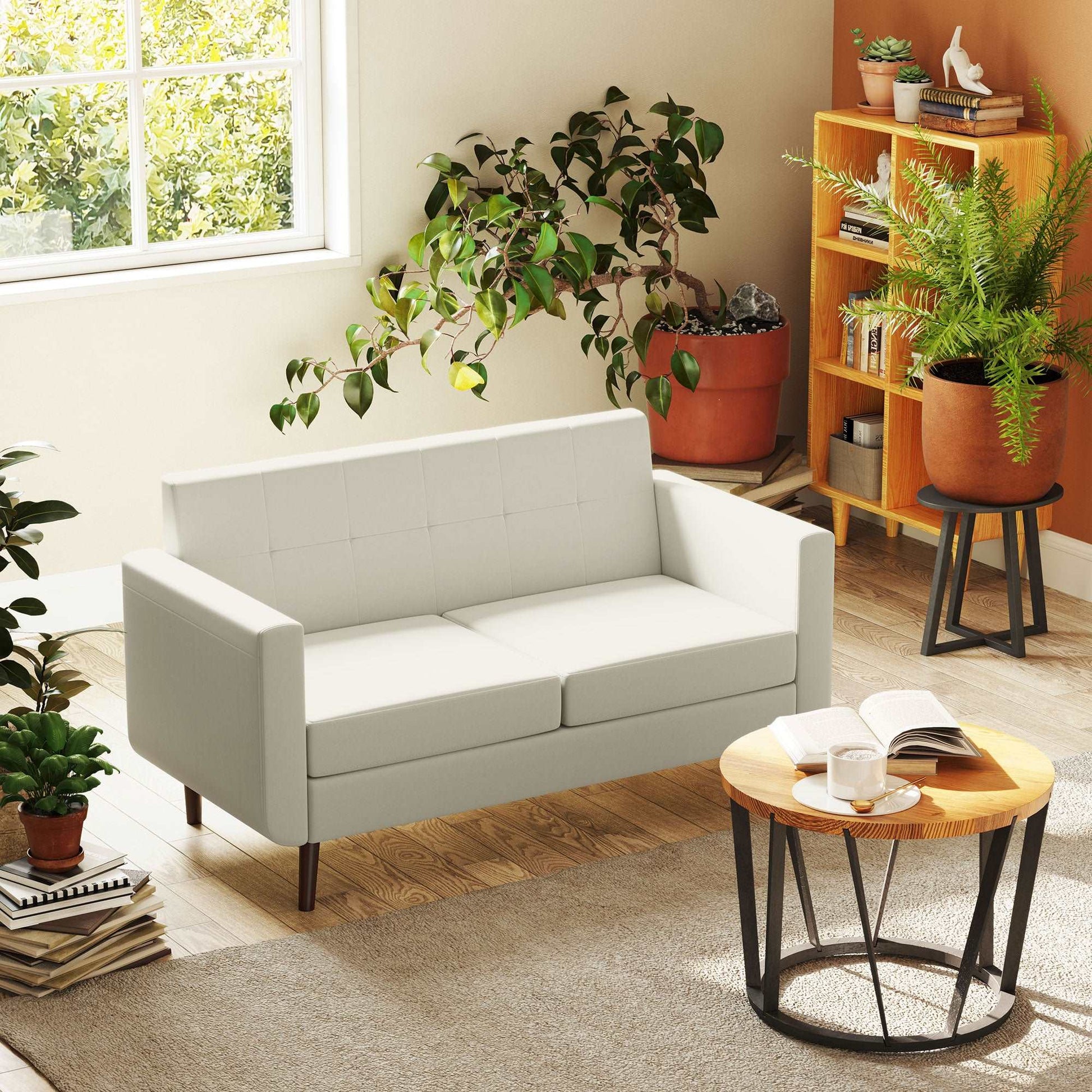 2 Seater Sofa, Modern Tufted Fabric Couch, Upholstered Loveseat, Wood Legs for Small Space, Living Room, Bedroom, Office, Cream White