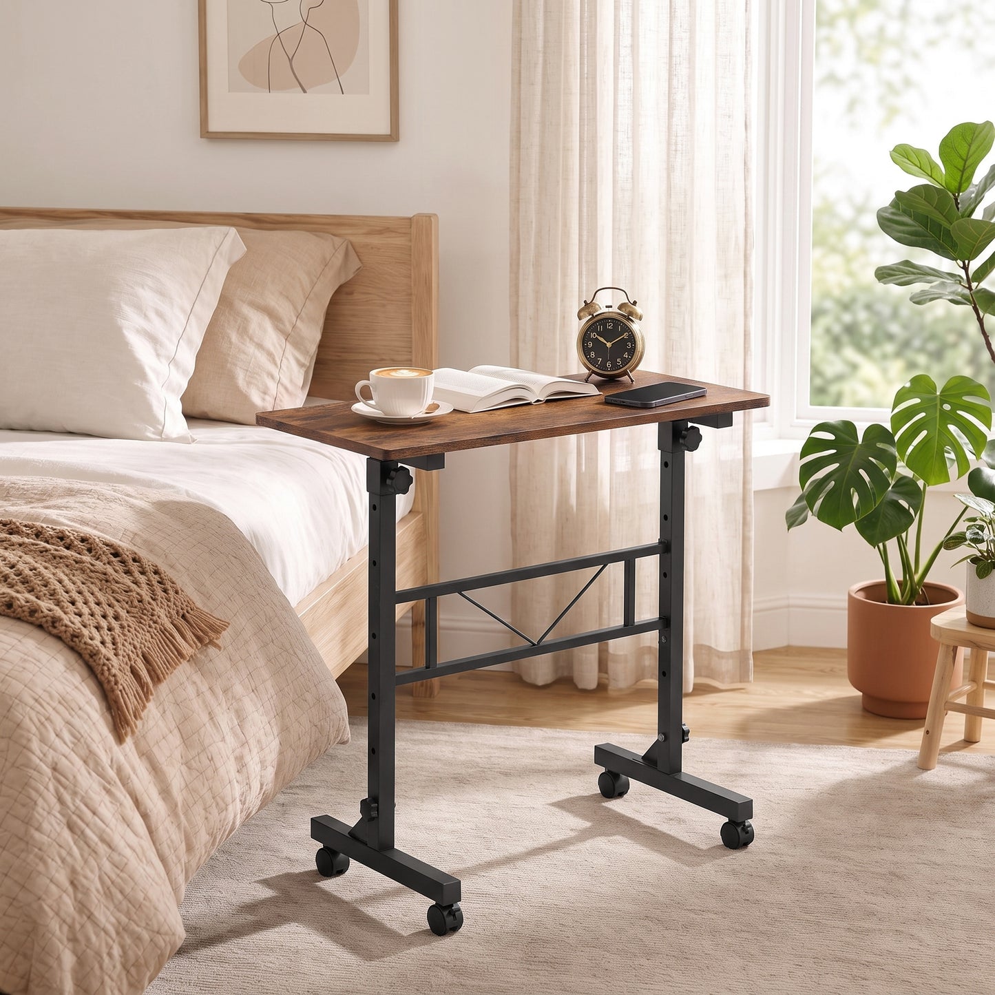 Overbed Table | 6 Height Settings 70-110cm | 4 Caster Wheels with 2 Brakes | Anti-Tip Device | 80x40cm Top | 15kg | Particleboard & Steel | Rustic Brown & Black
