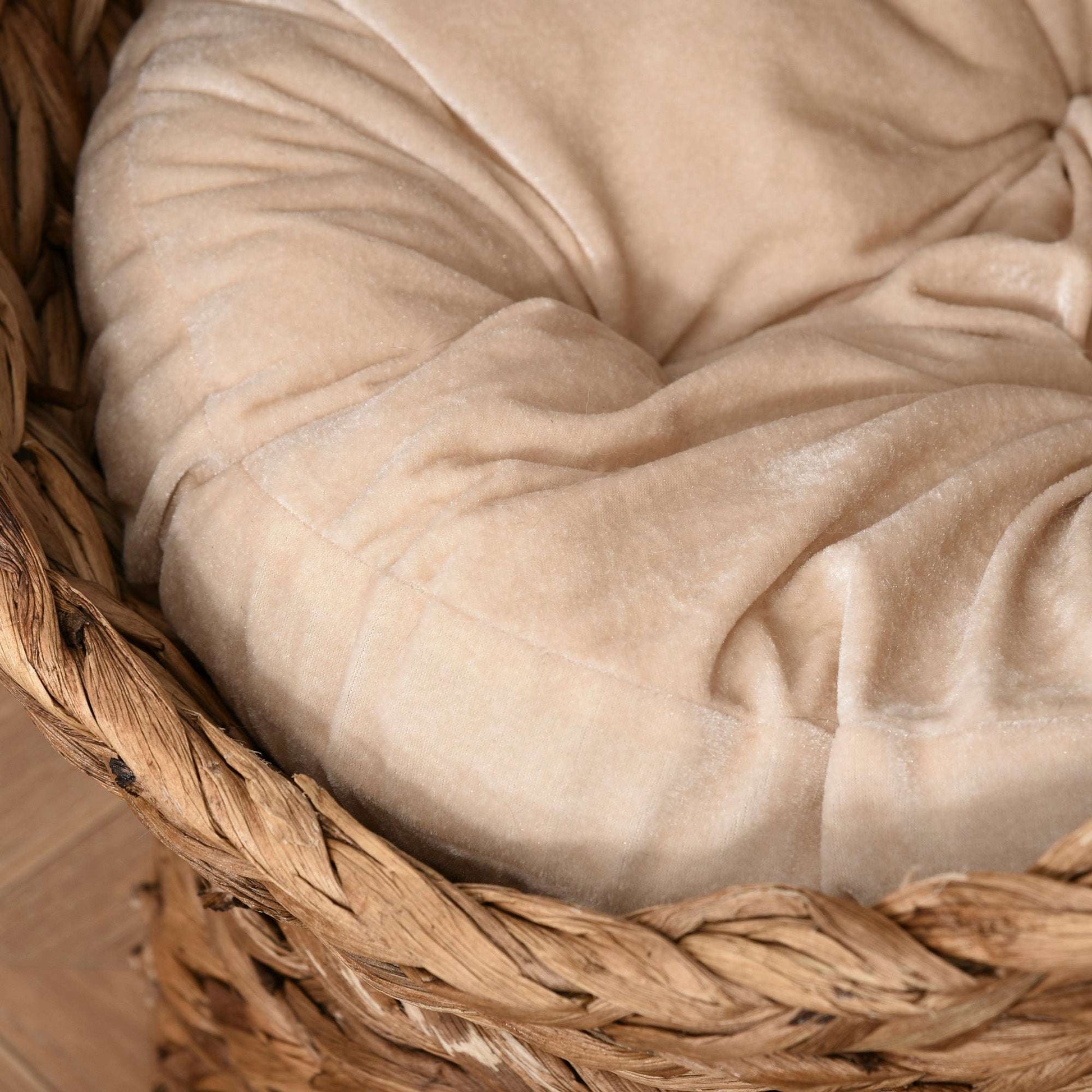 Woven Water Hyacinth Elevated Cat Bed | Wicker Dome Cave | Soft Removable Washable Cushion | Hand-Woven | Metal Wire Frame | Elevated Pod Design | 50x42x60cm | Brown