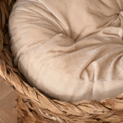 Woven Water Hyacinth Elevated Cat Bed | Wicker Dome Cave | Soft Removable Washable Cushion | Hand-Woven | Metal Wire Frame | Elevated Pod Design | 50x42x60cm | Brown