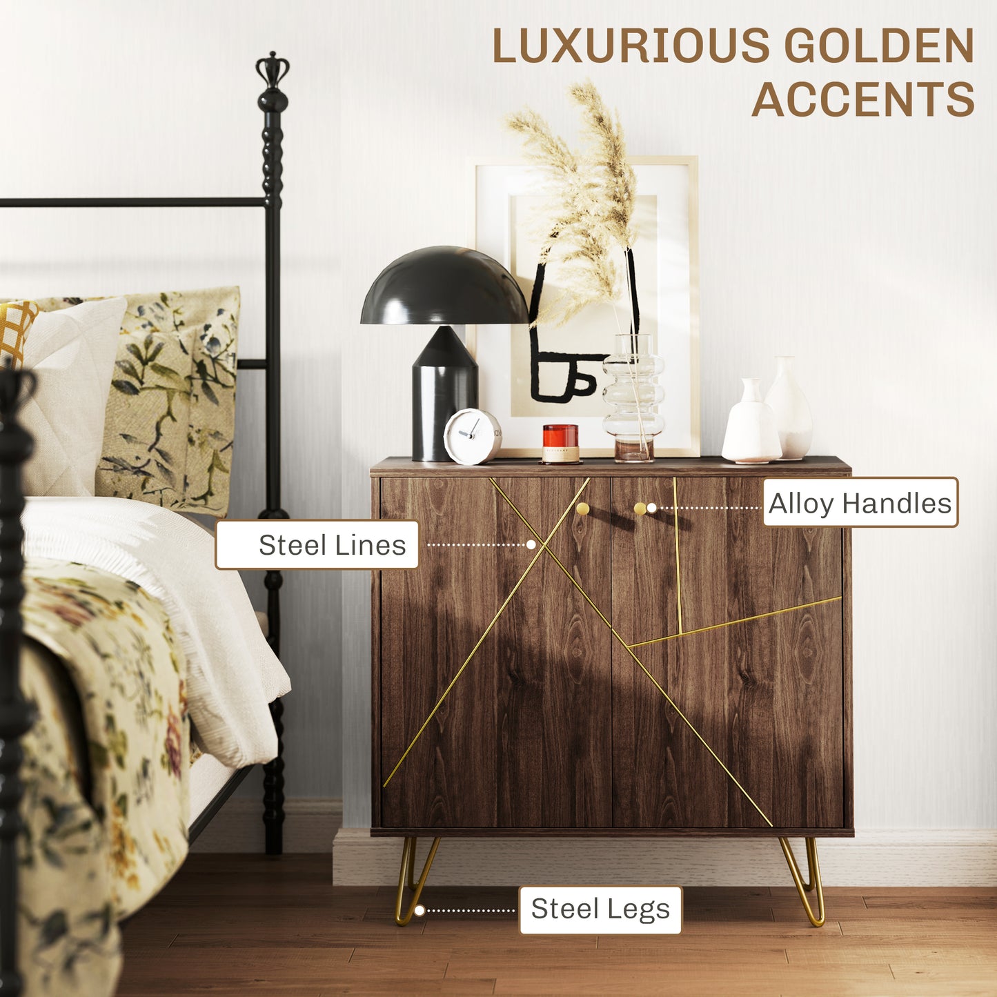Sideboard Storage Cabinet with Golden Steel Lines, modern rustic Kitchen Buffet Cabinet W/ Adjustable Shelf Steel Legs Brown