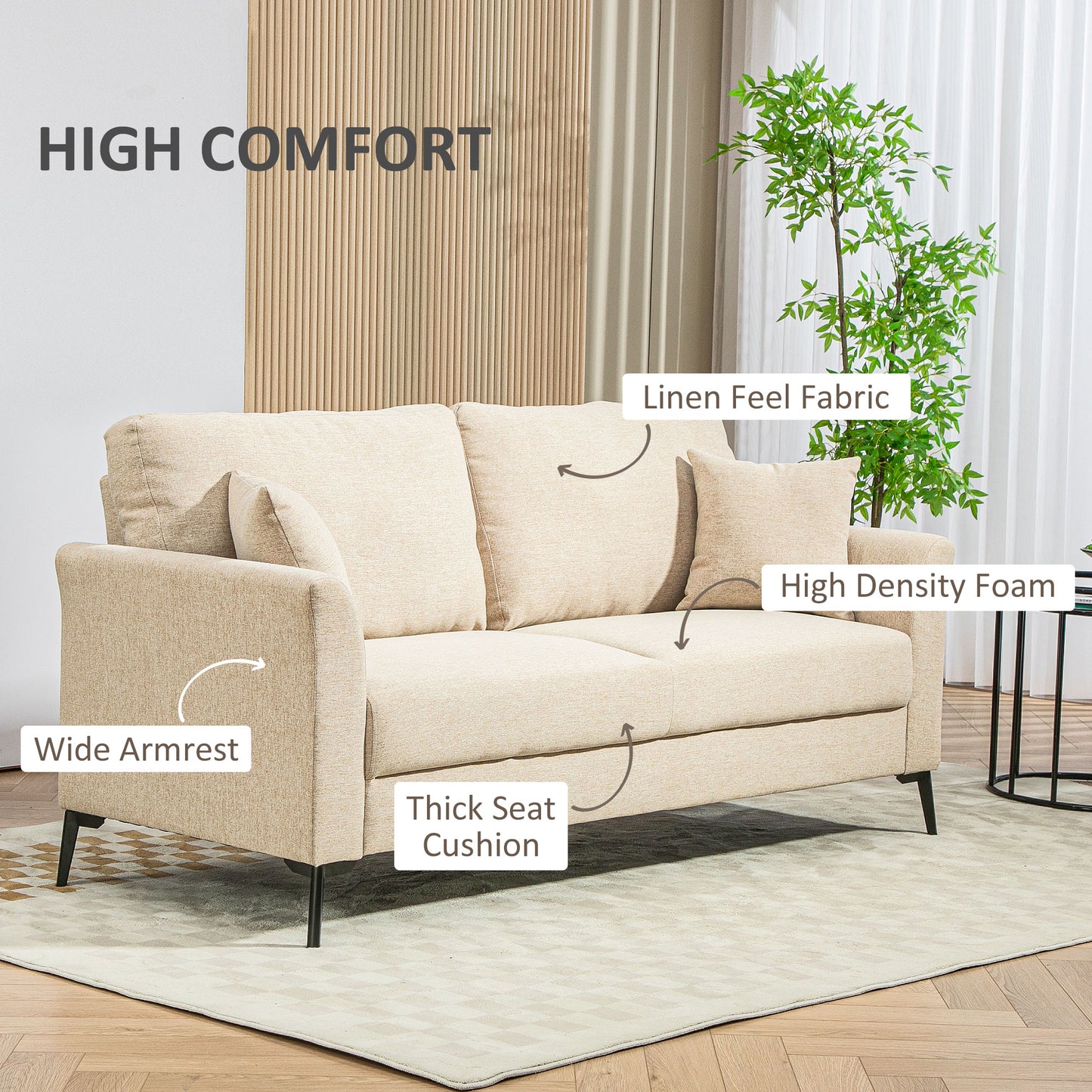 Modern 3 Seater Sofa, Linen Fabric Sofa Couch, Upholstered Sofa Settee with Cushions and Pillows for Living Room Guest Room Bedroom Office